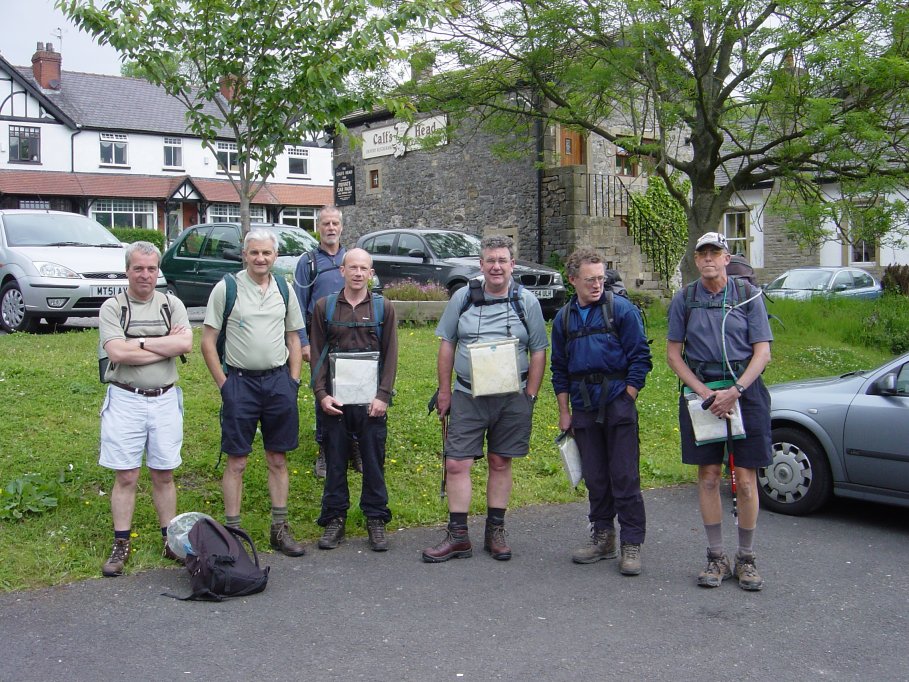 Calves Head car park at Worston before the walk up Pendle hill (L to R Richard, Andy, Dave, Paul, Dick, Graham, Ian ((Steve taking the pic))